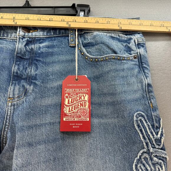 Lucky Legend Jeans Women's 18/34R Blue Easy Rider Boot Peace Sign Patch NWT - Picture 11 of 16
